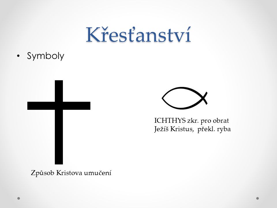 Křesťanství Symboly ICHTHYS zkr. pro obrat Ježíš Kristus, překl. ryba