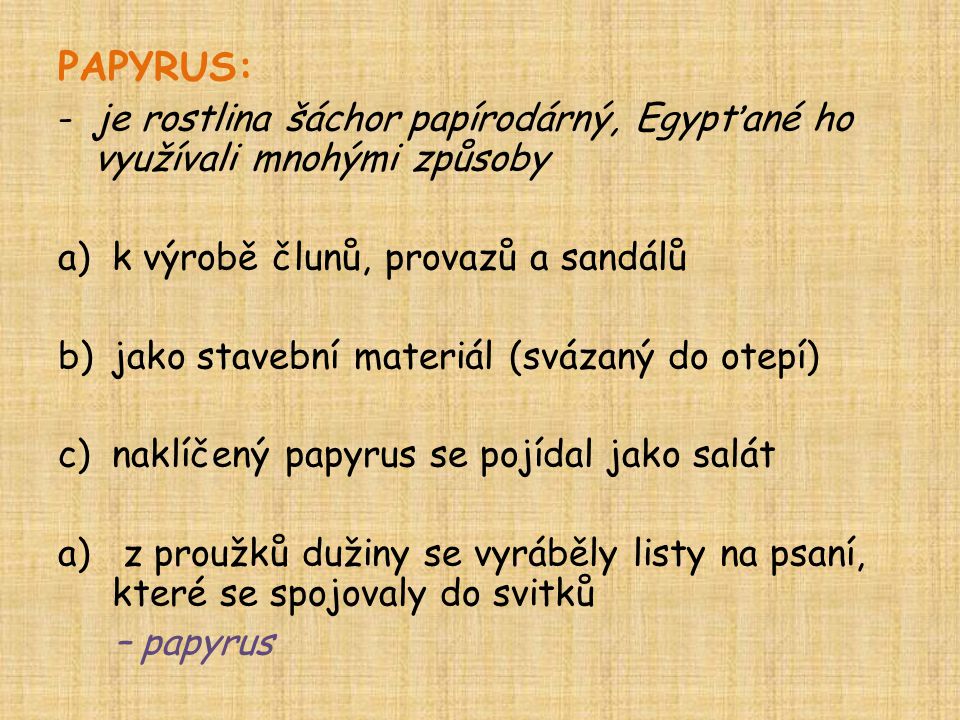 PAPYRUS: je rostlina šáchor papírodárný, Egypťané ho využívali mnohými způsoby. k výrobě člunů, provazů a sandálů.