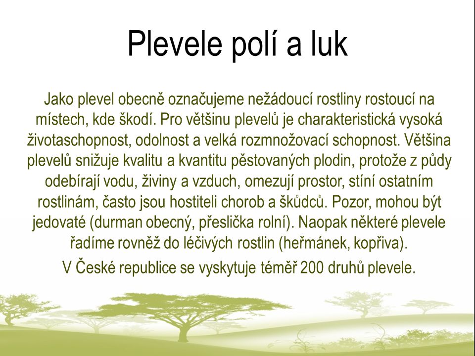 V České republice se vyskytuje téměř 200 druhů plevele.