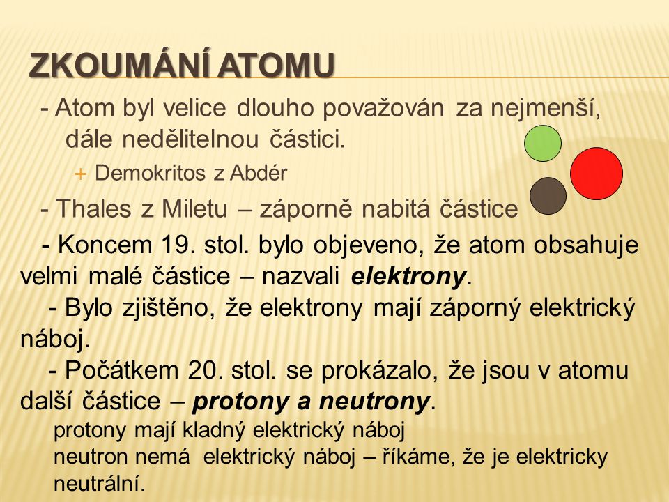 Zkoumání atomu - Atom byl velice dlouho považován za nejmenší, dále nedělitelnou částici. Demokritos z Abdér.