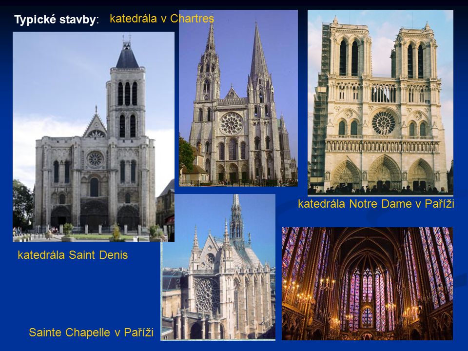 Typické stavby: katedrála v Chartres. katedrála Notre Dame v Paříži.