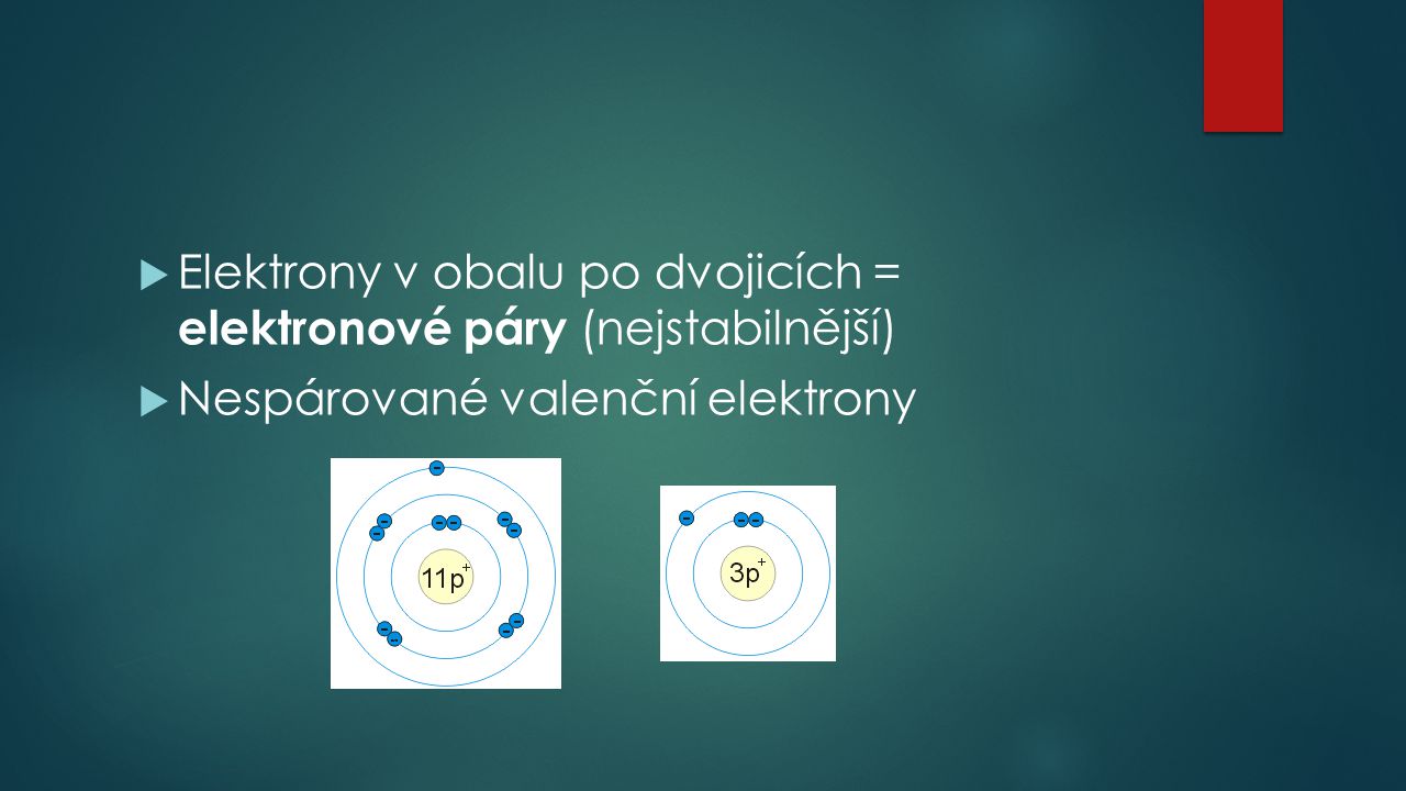 Elektrony v obalu po dvojicích = elektronové páry (nejstabilnější)