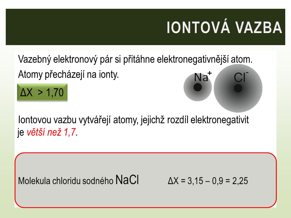 iontová vazba Vazebný elektronový pár si přitáhne elektronegativnější atom. Atomy přecházejí na ionty.