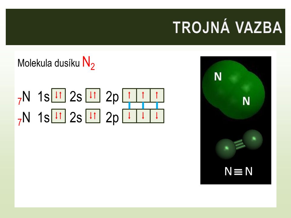 trojná vazba Molekula dusíku N2 7N 1s 2s 2p    F    N – N