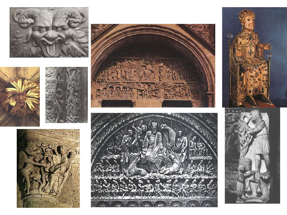 Různé detaily a ukázky románského sochařství: fantastická zvířata; mužíček lapený v rostlinách; portál s motivem posledního soudu; relikviář; románská hlavice sloupu; dole vpravo: září, dokonce pracovní motivy