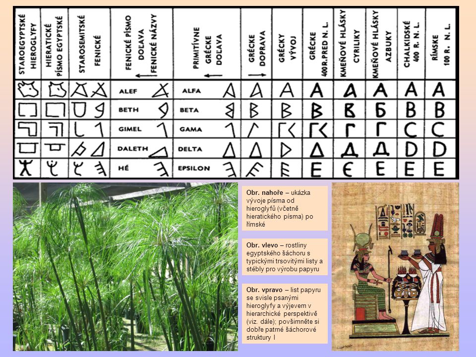 Obr. nahoře – ukázka vývoje písma od hieroglyfů (včetně hieratického písma) po římské