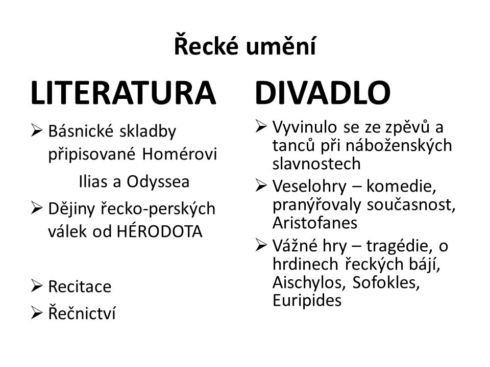 LITERATURA DIVADLO Řecké umění Básnické skladby připisované Homérovi