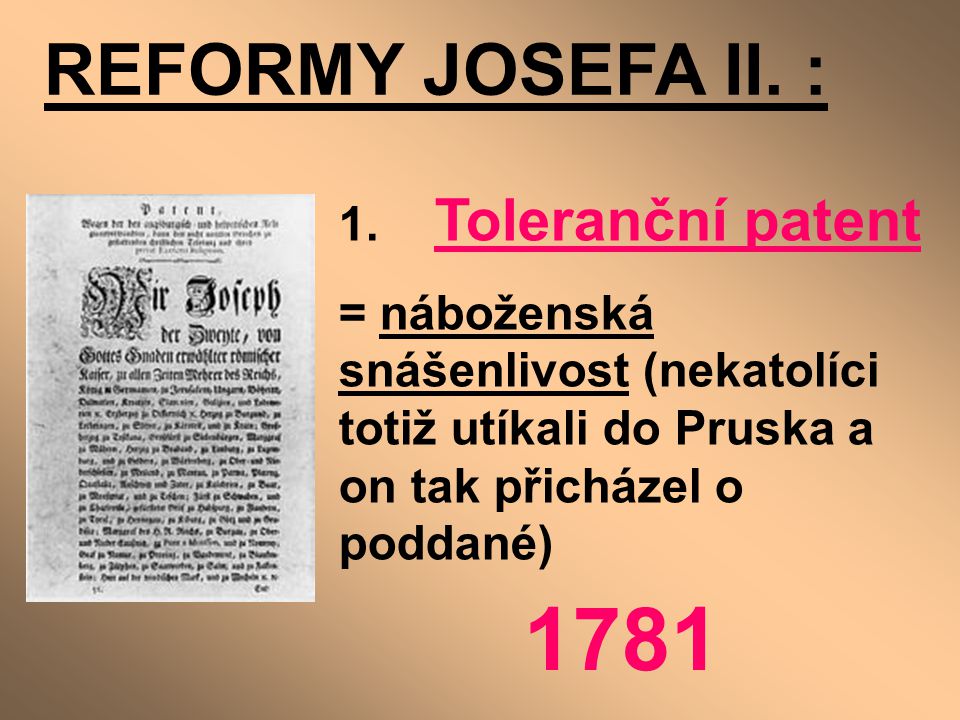 1781 REFORMY JOSEFA II. : 1. Toleranční patent