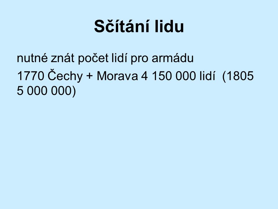 Sčítání lidu nutné znát počet lidí pro armádu 1770 Čechy + Morava lidí ( )