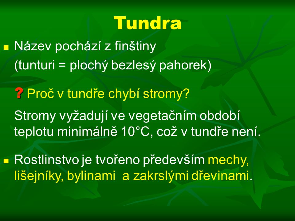 Tundra Název pochází z finštiny (tunturi = plochý bezlesý pahorek)