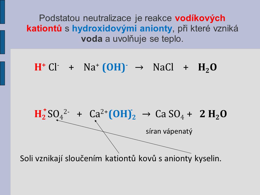 H+ Cl- + Na+ (OH)- → NaCl + H2O