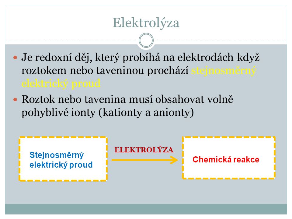 Elektrolýza Je redoxní děj, který probíhá na elektrodách když roztokem nebo taveninou prochází stejnosměrný elektrický proud.