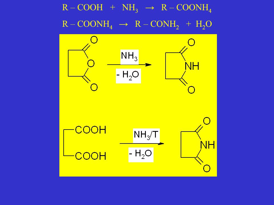 R – COOH + NH3 → R – COONH4 R – COONH4 → R – CONH2 + H2O