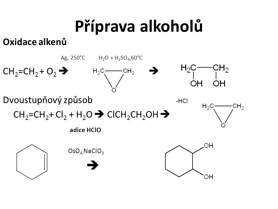 Příprava alkoholů Oxidace alkenů Ag, 250°C H2O + H2SO4,60°C