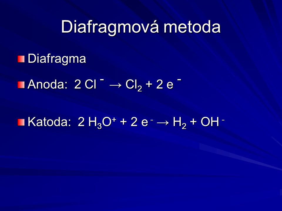 Diafragmová metoda Diafragma Anoda: 2 Cl - → Cl2 + 2 e -