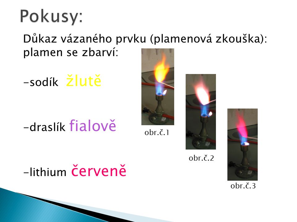 Pokusy: Důkaz vázaného prvku (plamenová zkouška): plamen se zbarví: -sodík žlutě -draslík fialově -lithium červeně