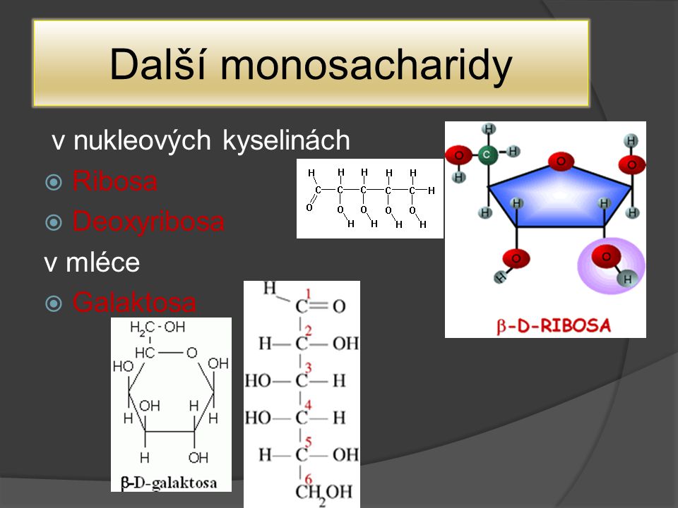 Další monosacharidy v nukleových kyselinách Ribosa Deoxyribosa v mléce
