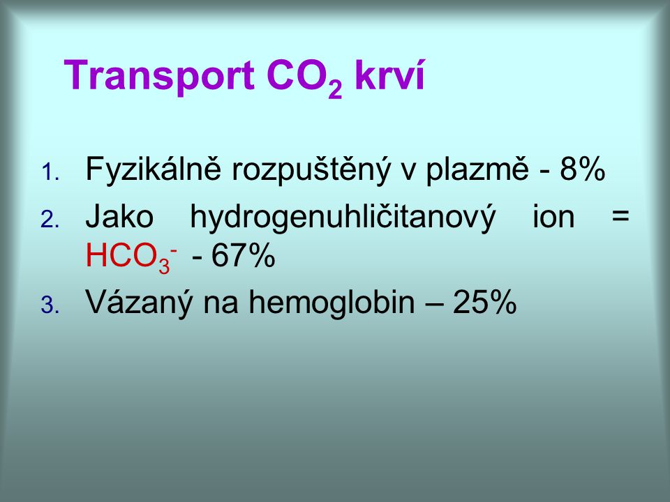 Transport CO2 krví Fyzikálně rozpuštěný v plazmě - 8%