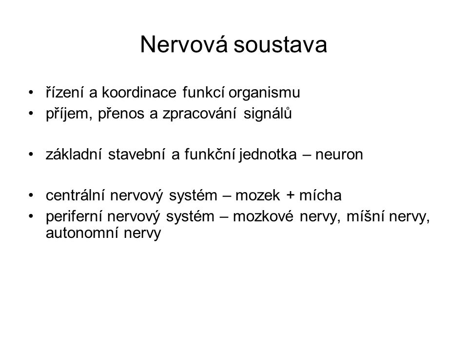 Nervová soustava řízení a koordinace funkcí organismu