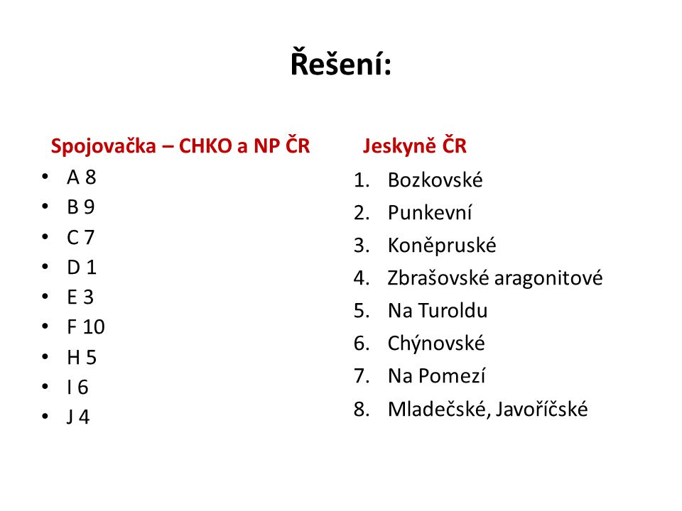 Řešení: Spojovačka – CHKO a NP ČR Jeskyně ČR A 8 B 9 C 7 D 1 E 3 F 10