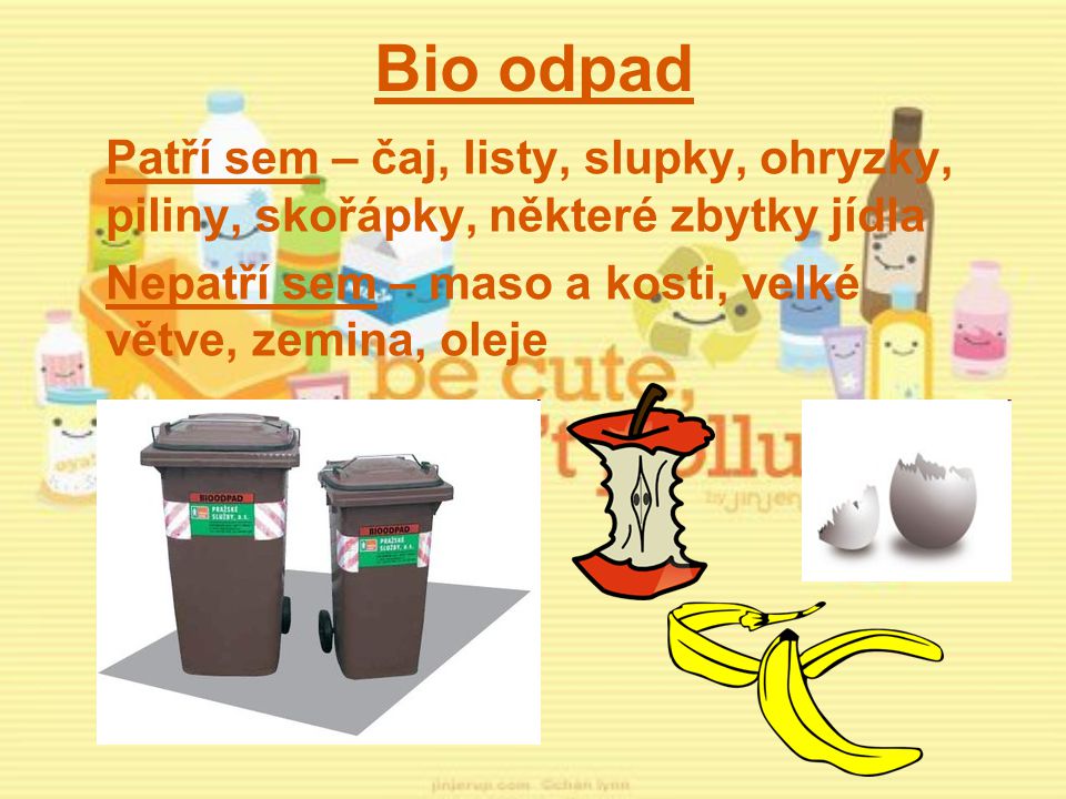 Bio odpad Patří sem – čaj, listy, slupky, ohryzky, piliny, skořápky, některé zbytky jídla.