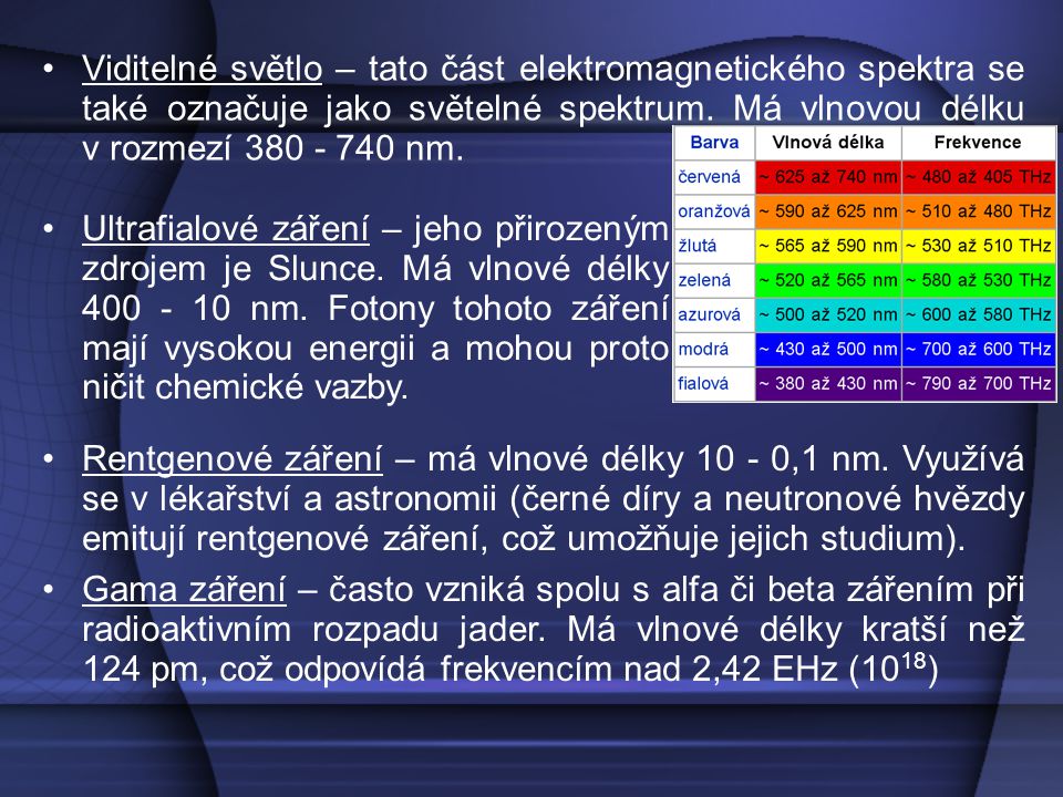 Viditelné světlo – tato část elektromagnetického spektra se také označuje jako světelné spektrum. Má vlnovou délku v rozmezí nm.