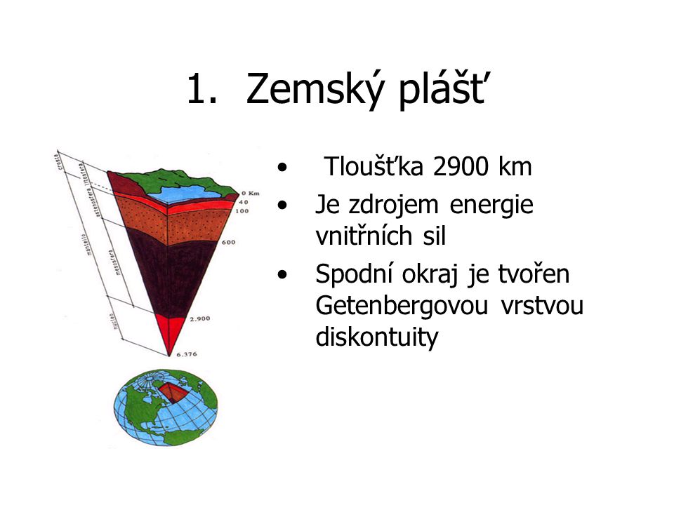 Zemský plášť Tloušťka 2900 km Je zdrojem energie vnitřních sil