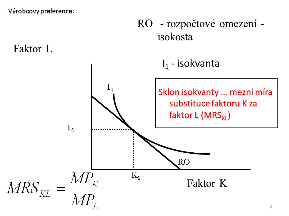 RO - rozpočtové omezení - isokosta Faktor L I1 - isokvanta Faktor K
