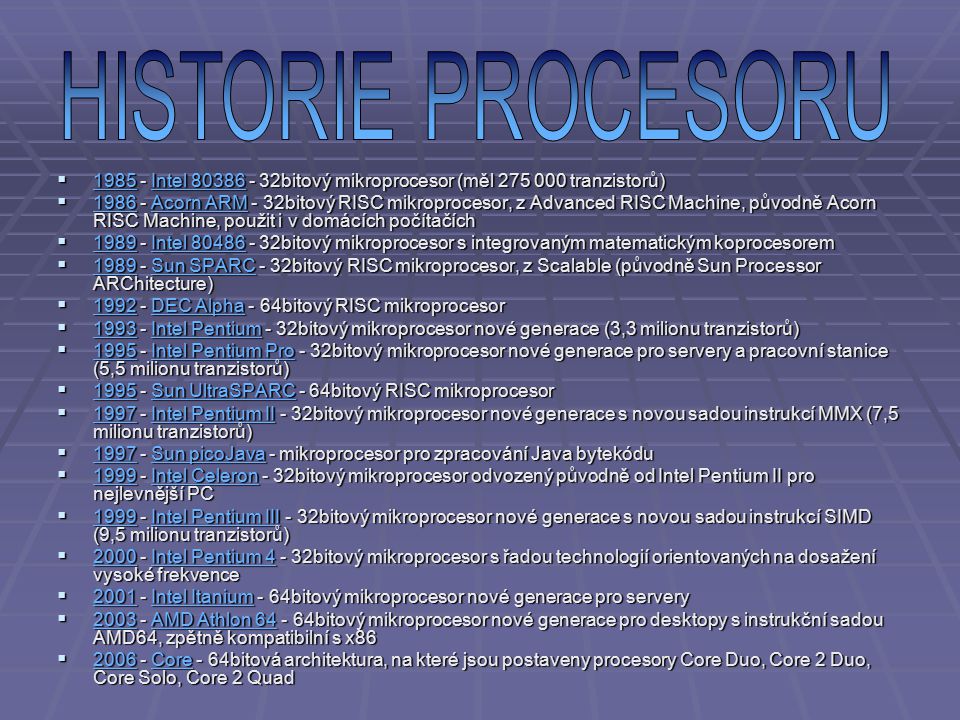 HISTORIE PROCESORU Intel bitový mikroprocesor (měl tranzistorů)