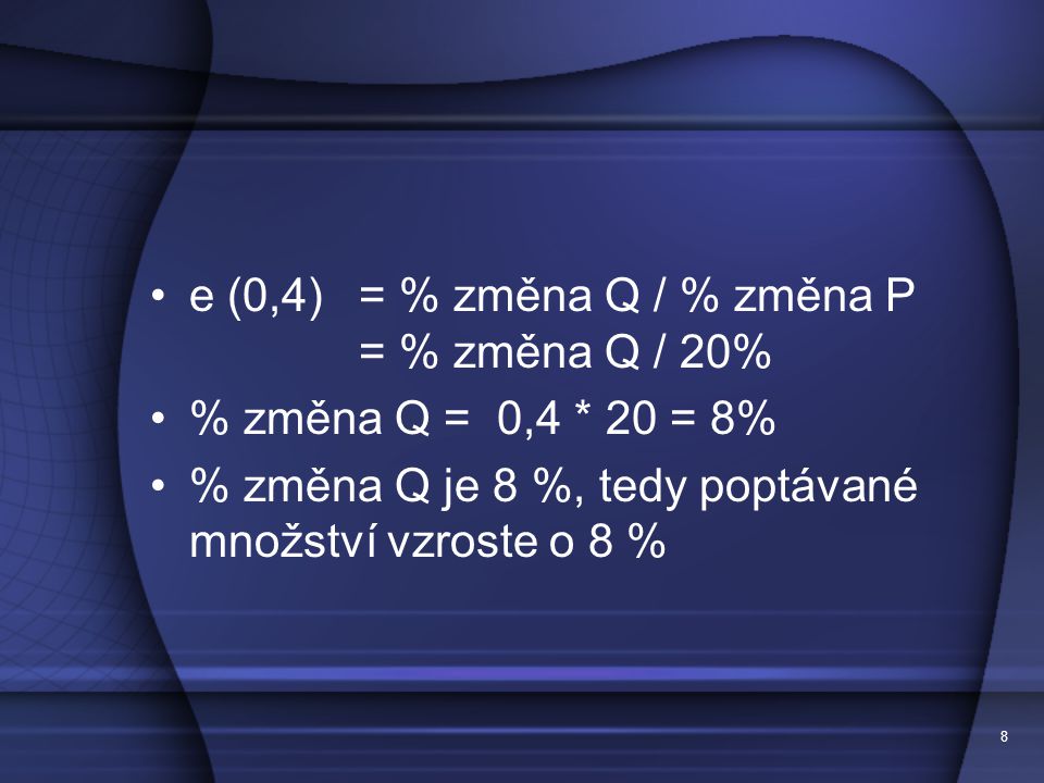e (0,4) = % změna Q / % změna P = % změna Q / 20%