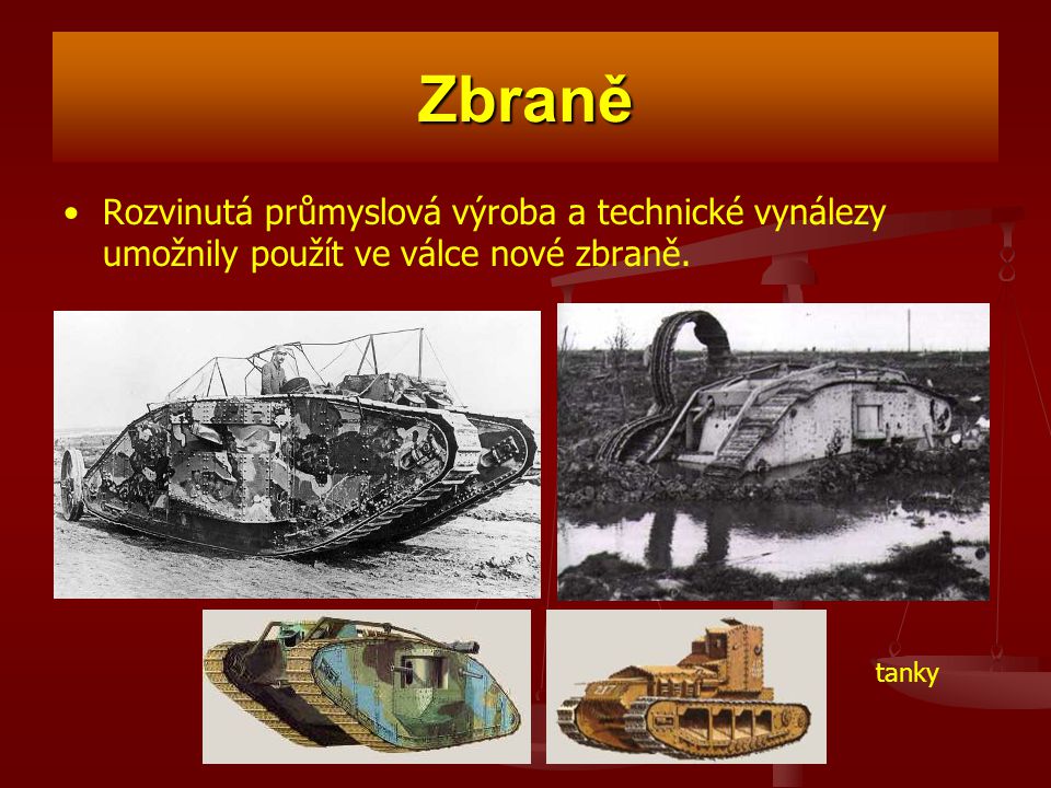 Zbraně Rozvinutá průmyslová výroba a technické vynálezy umožnily použít ve válce nové zbraně. tanky