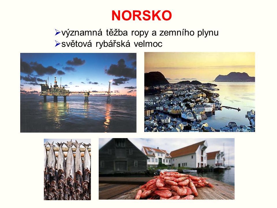NORSKO významná těžba ropy a zemního plynu světová rybářská velmoc