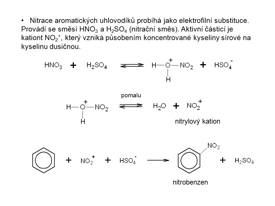 Nitrace aromatických uhlovodíků probíhá jako elektrofilní substituce