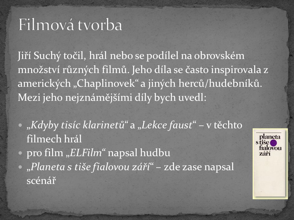 Filmová tvorba Jiří Suchý točil, hrál nebo se podílel na obrovském