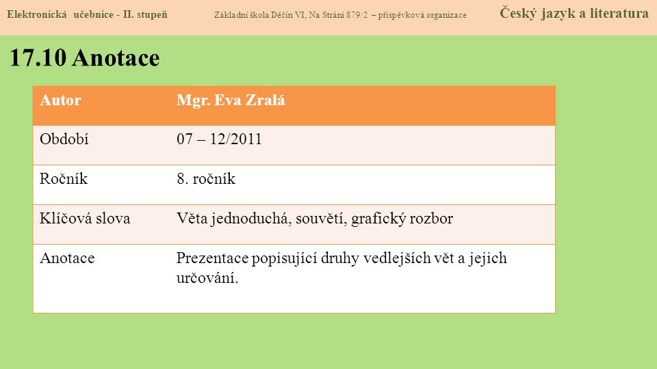 17.10 Anotace Autor Mgr. Eva Zralá Období 07 – 12/2011 Ročník