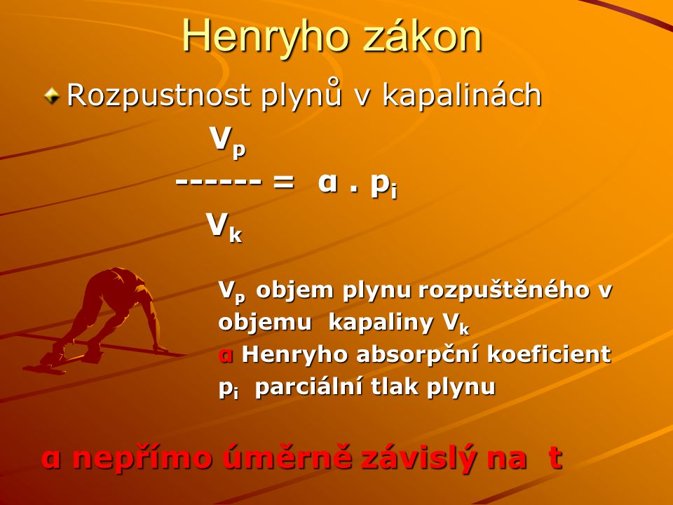 Henryho zákon Rozpustnost plynů v kapalinách Vp = α . pi Vk