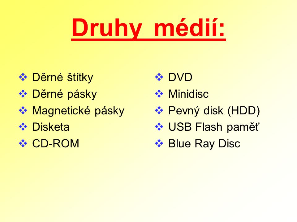 Druhy médií: Děrné štítky Děrné pásky Magnetické pásky Disketa CD-ROM