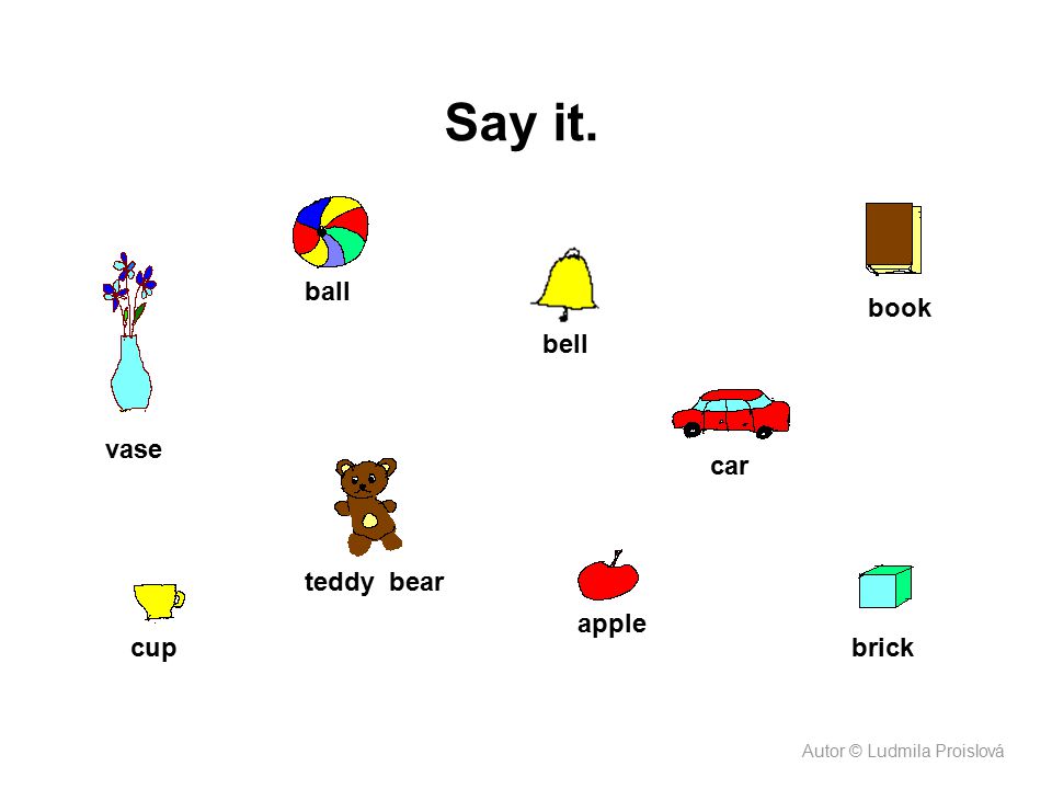 Say it. ball book bell vase car teddy bear apple cup brick