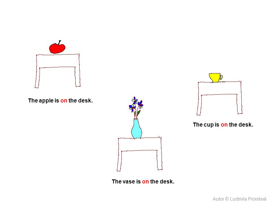 The apple is on the desk. The cup is on the desk.