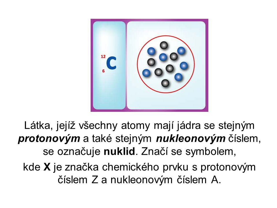 Látka, jejíž všechny atomy mají jádra se stejným protonovým a také stejným nukleonovým číslem, se označuje nuklid. Značí se symbolem,