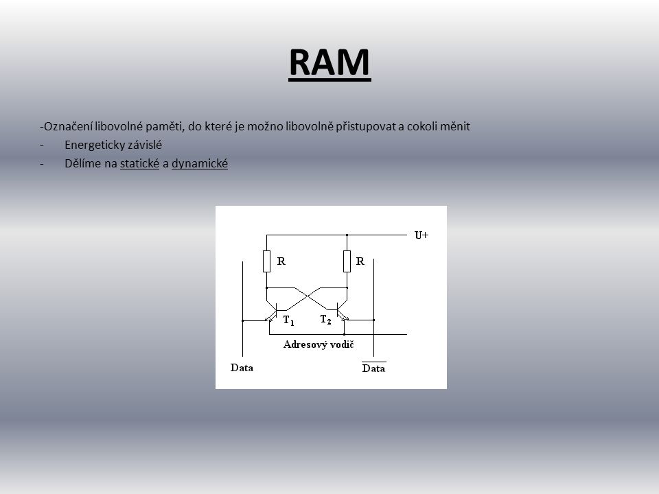 RAM -Označení libovolné paměti, do které je možno libovolně přistupovat a cokoli měnit. Energeticky závislé.