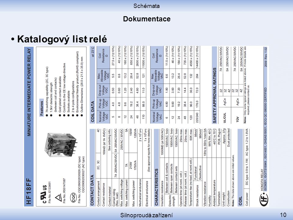 Schémata Dokumentace • Katalogový list relé Silnoproudá zařízení