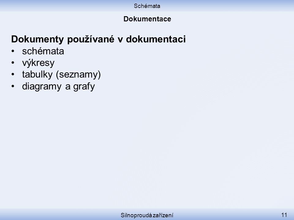 Dokumenty používané v dokumentaci schémata výkresy tabulky (seznamy)