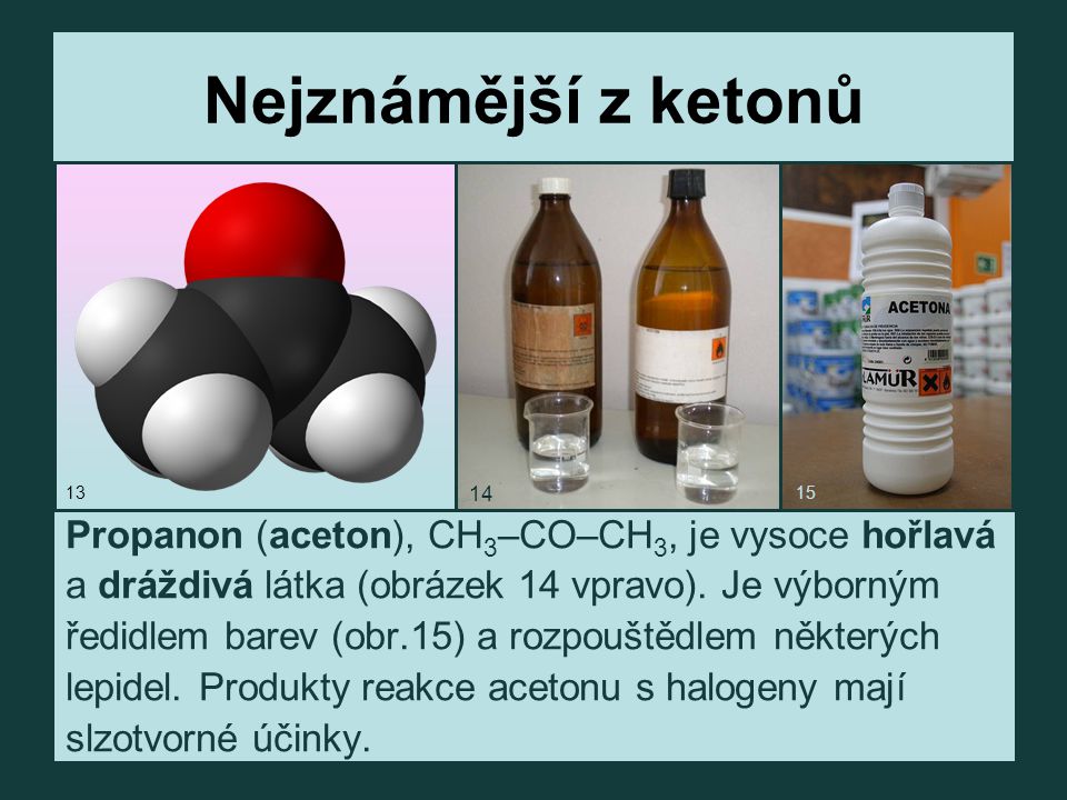 Nejznámější z ketonů Propanon (aceton), CH3–CO–CH3, je vysoce hořlavá