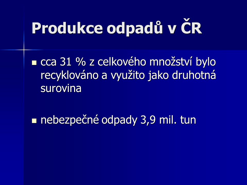 Produkce odpadů v ČR cca 31 % z celkového množství bylo recyklováno a využito jako druhotná surovina.