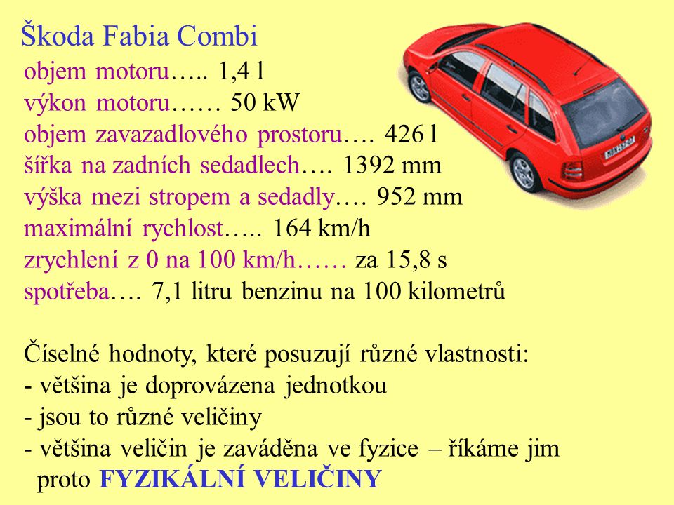 Škoda Fabia Combi objem motoru….. 1,4 l výkon motoru…… 50 kW