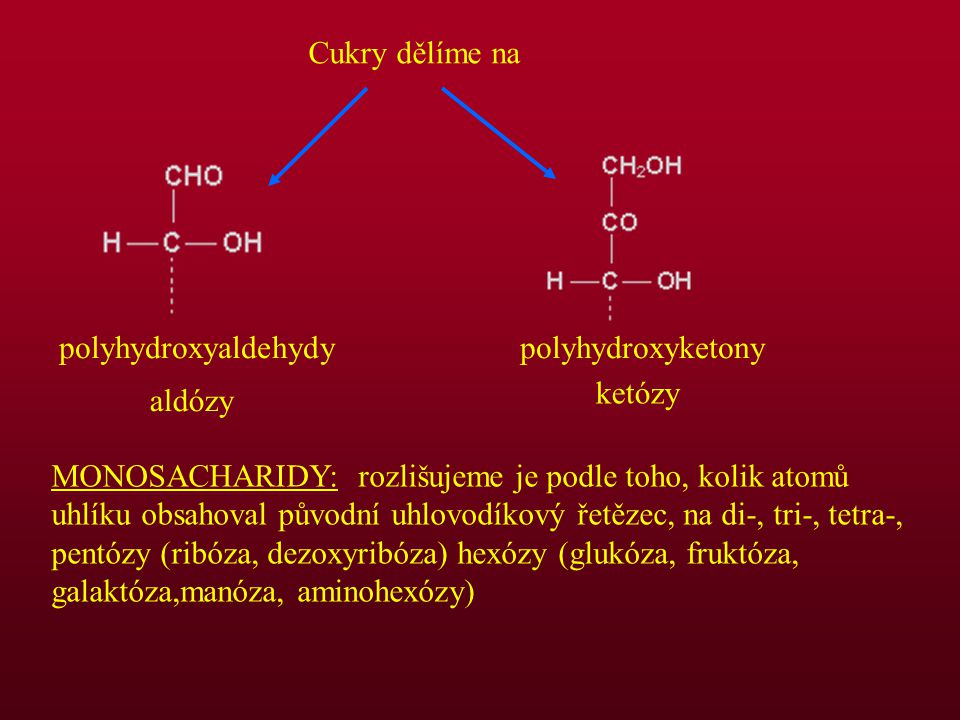 Cukry dělíme na polyhydroxyaldehydy. polyhydroxyketony. ketózy. aldózy.