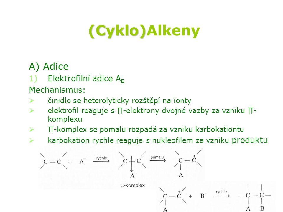 (Cyklo)Alkeny A) Adice Elektrofilní adice AE Mechanismus: