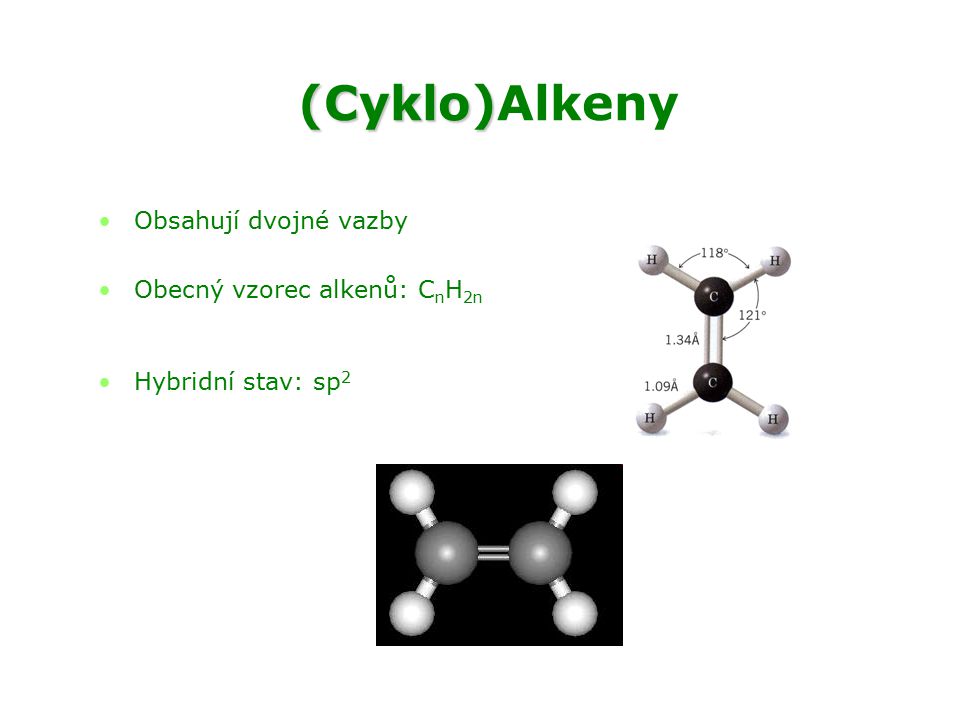 (Cyklo)Alkeny Obsahují dvojné vazby Obecný vzorec alkenů: CnH2n