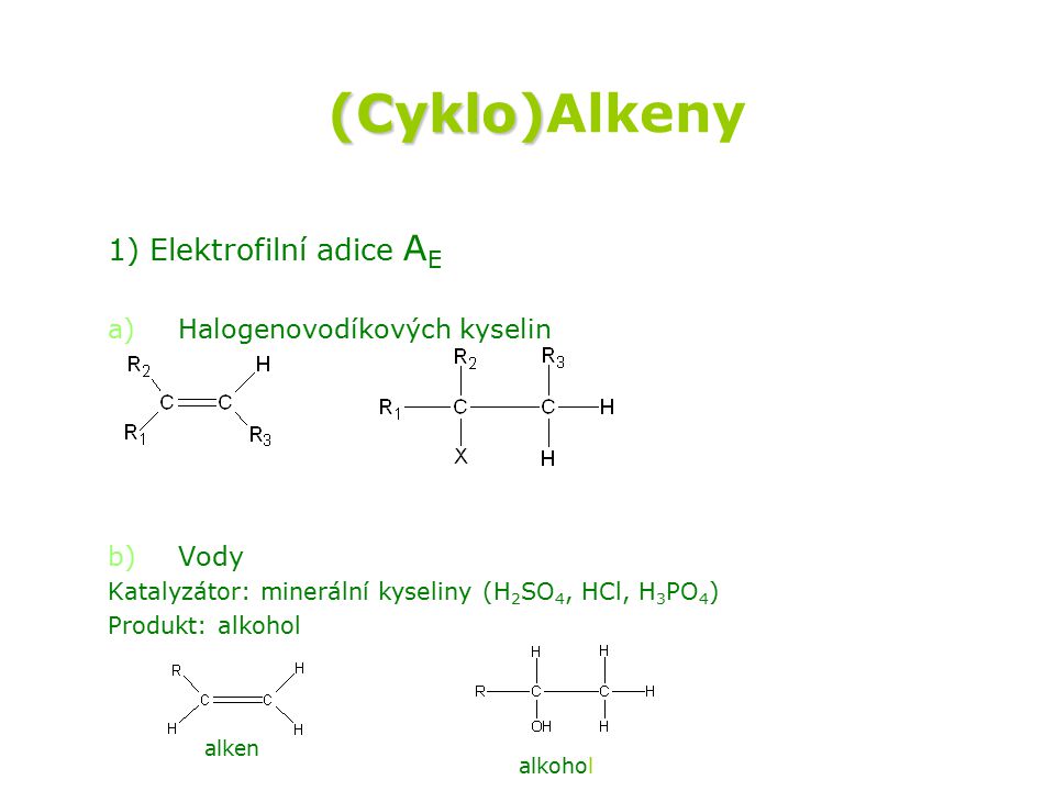 (Cyklo)Alkeny 1) Elektrofilní adice AE Halogenovodíkových kyselin Vody